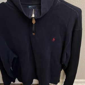 Navy blue Polo fleece with leather zipper. Red polo horse. Very good condition